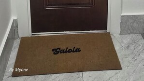 Uma porta dupla de madeira com uma placa verde em cima e um tapete de entrada com o nome "Gaiole".