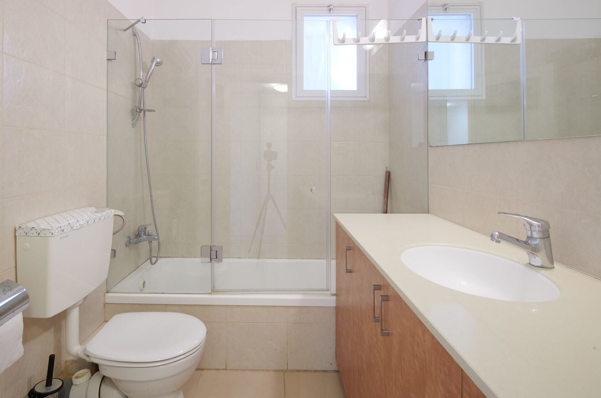 Een badkamer met toilet, douche, bad en een wastafel met spiegel erboven.