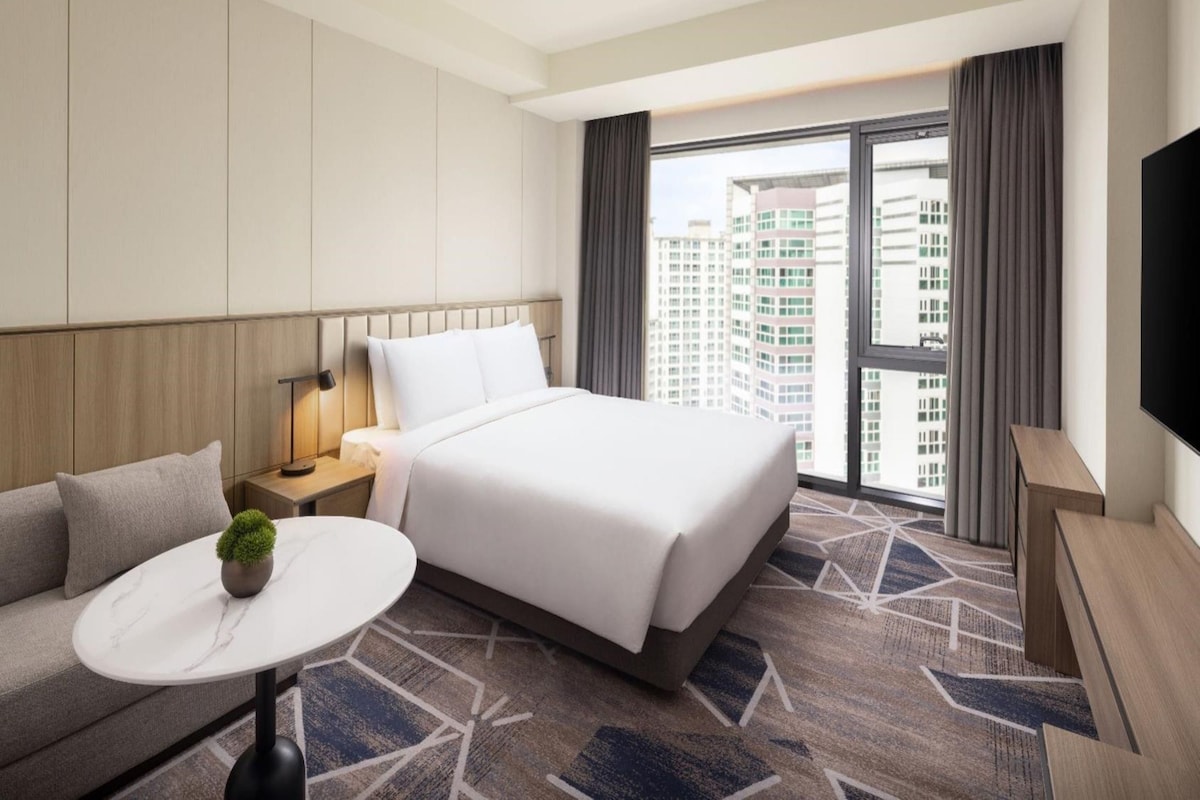 Habitación de hotel con cama, sofá, mesita con una planta, televisor y ventana grande con vistas a la ciudad.