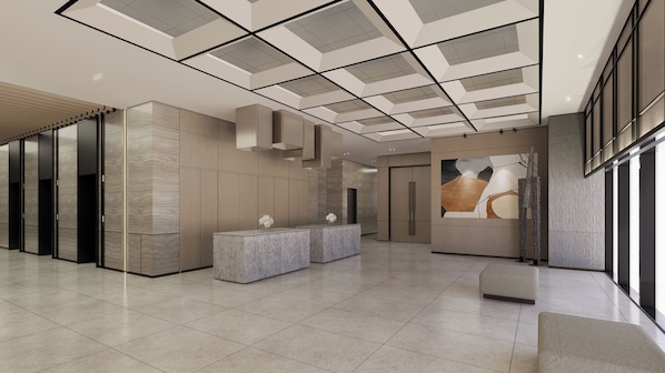 A modern lobby with a geometric ceiling design, a reception desk, and a large abstract painting. - Hyatt Place Seoul Pangyo (Seongnam)