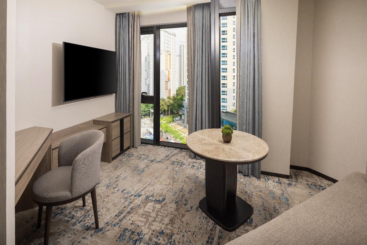 Habitación de hotel con televisor de pantalla plana en la pared, una mesa redonda con planta en maceta, un sofá y vista a un paisaje urbano a través de la ventana.