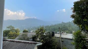 A residential area with houses, a water tank, and a mountain in the background.