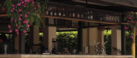 A pool area with a water feature, a bar with hanging plants, and a mural on the wall.