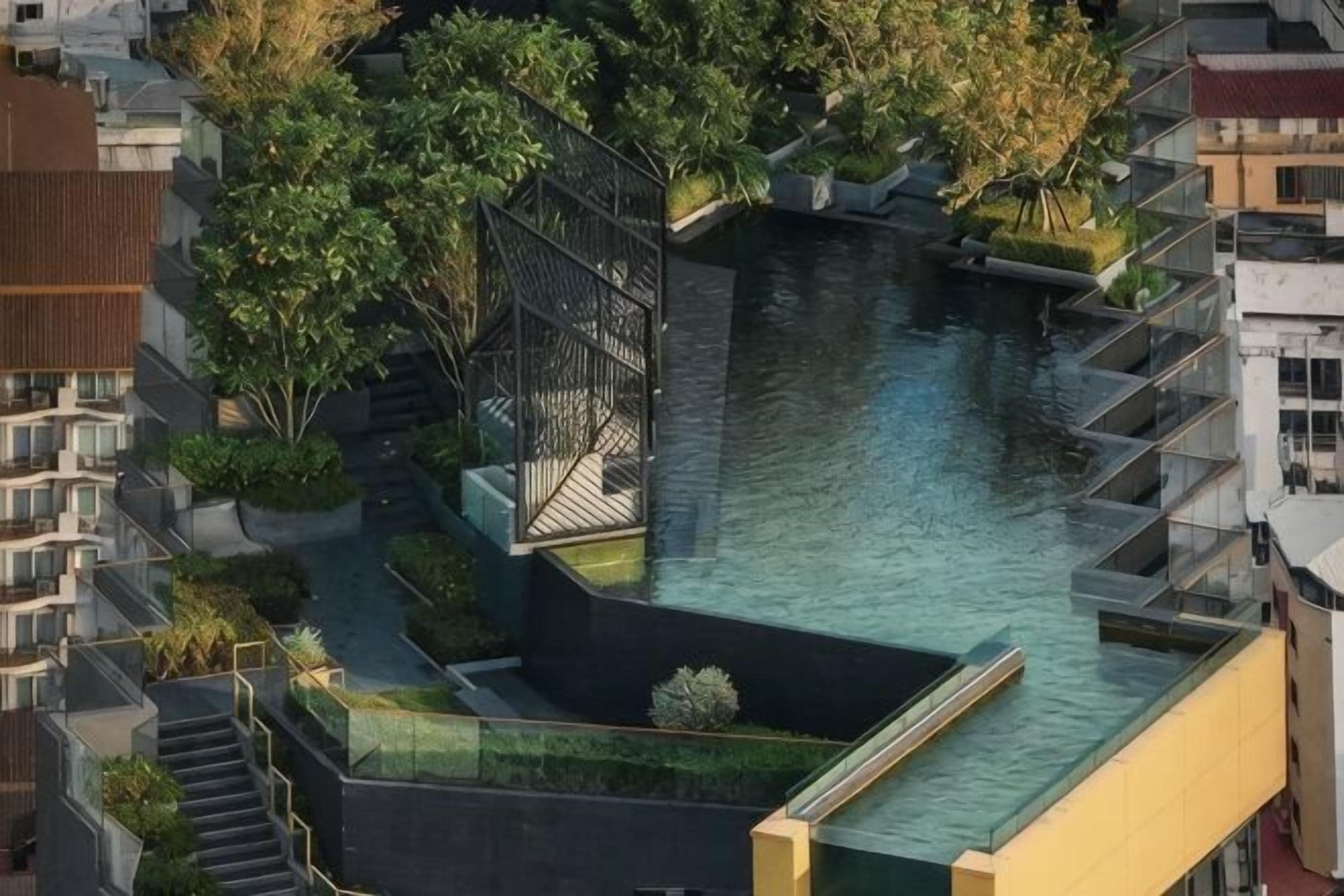 Une piscine sur le toit, entourée de verdure, avec un escalier.