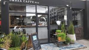 L’extérieur du OMBRA CAFE NO3, avec sa façade en verre, son espace extérieur aménagé pour les clients et ses plantes en pot.