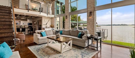 TV, fireplace, books