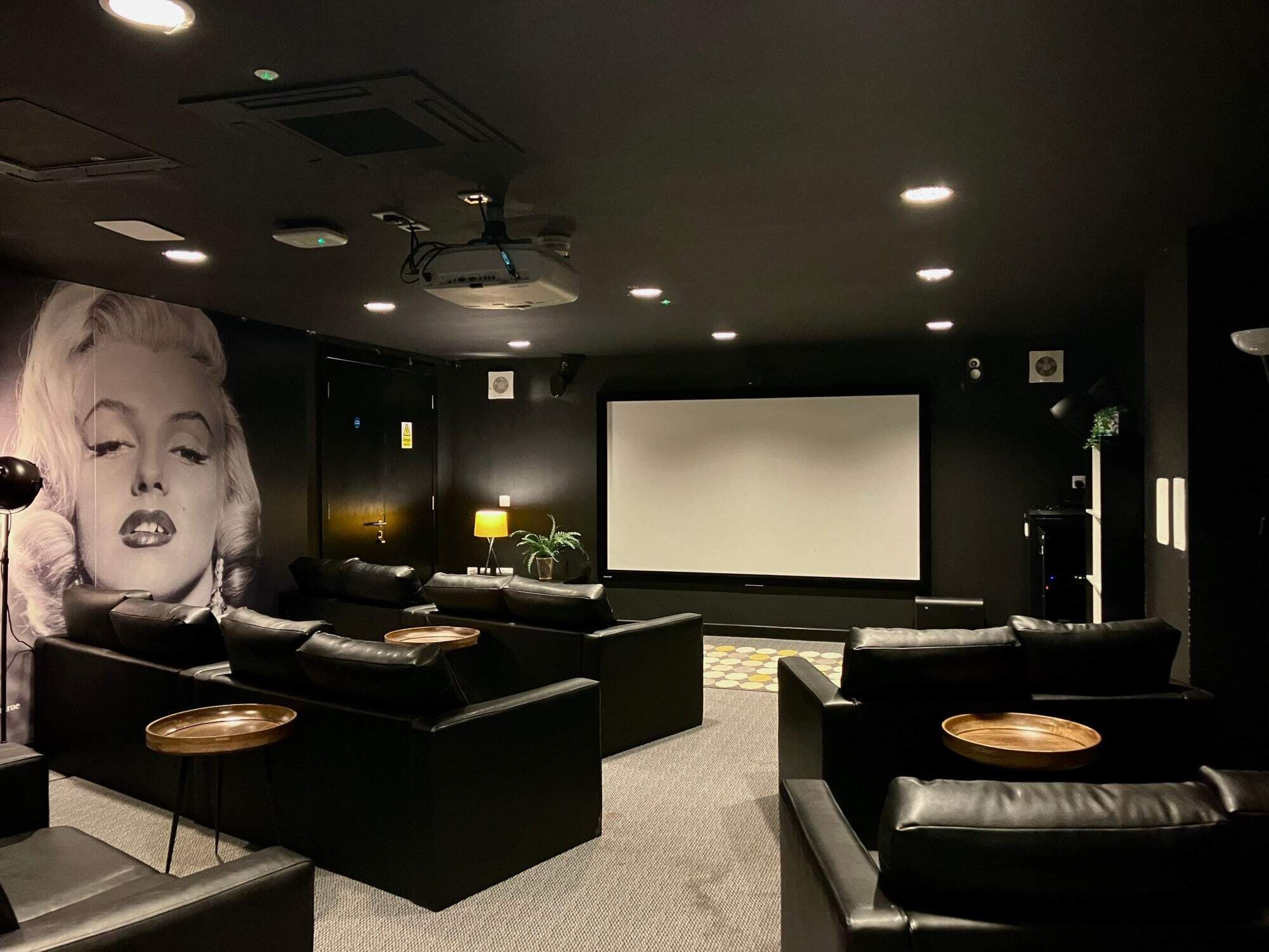 Une pièce à l’ambiance sombre, avec des canapés en cuir, un grand écran et un projecteur.