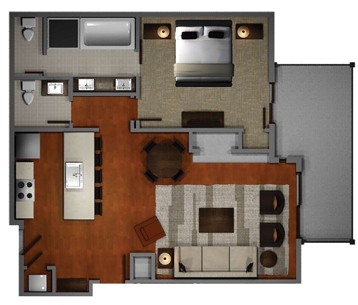 Grundriss einer 2-Zimmer-Wohnung mit Küche, Essbereich, Wohnzimmer und einem kleinen Balkon.