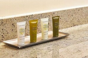 Secador de cabelo, toalhas de banho, sabonete, papel higiênico