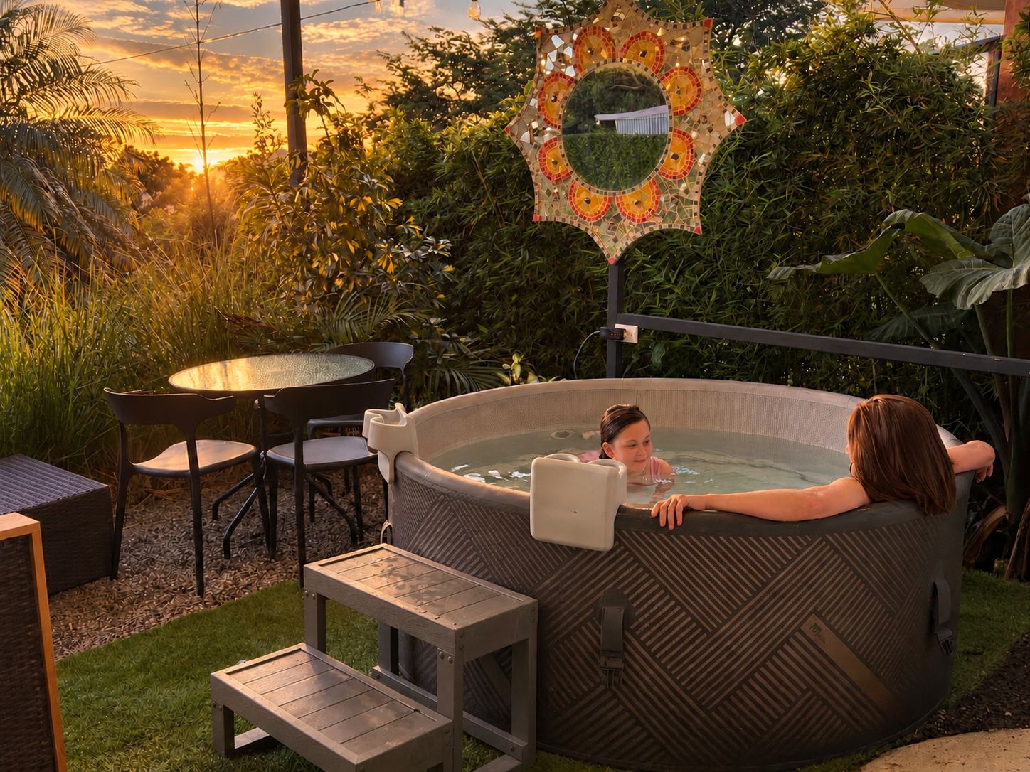 Un bain à remous où se trouvent une personne et un enfant, entouré d’un jardin agrémenté d’un miroir décoratif et d’une table avec des chaises.