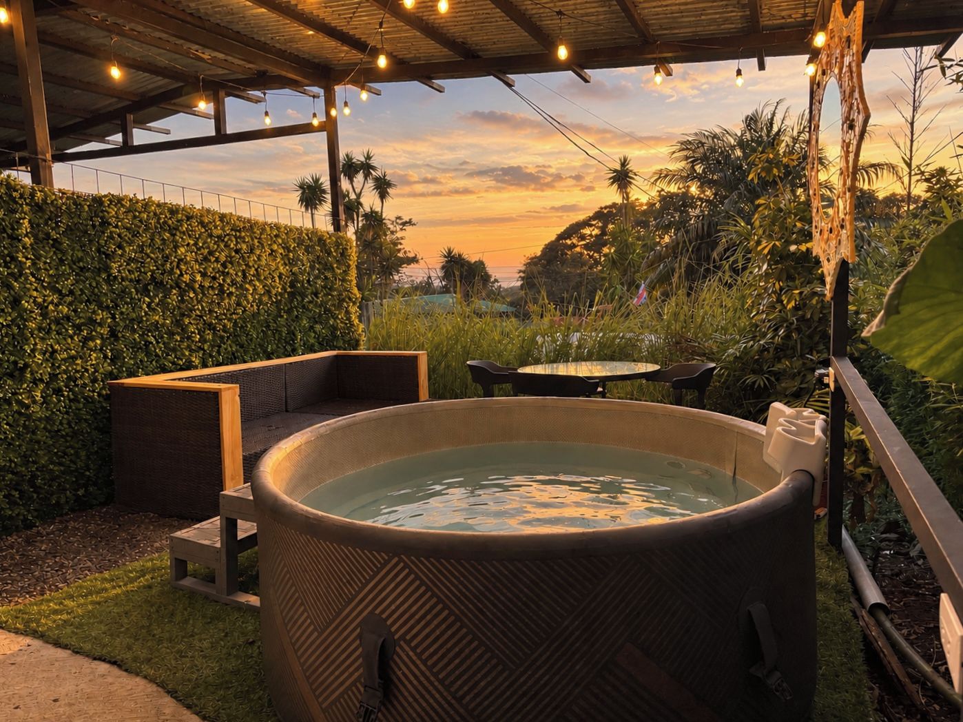 An outdoor hot tub area with seating, surrounded by greenery and a view of the sunset.