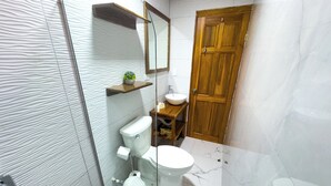 Une salle de bain avec des toilettes, un lavabo, une porte en bois et une étagère sur laquelle est posée une plante.