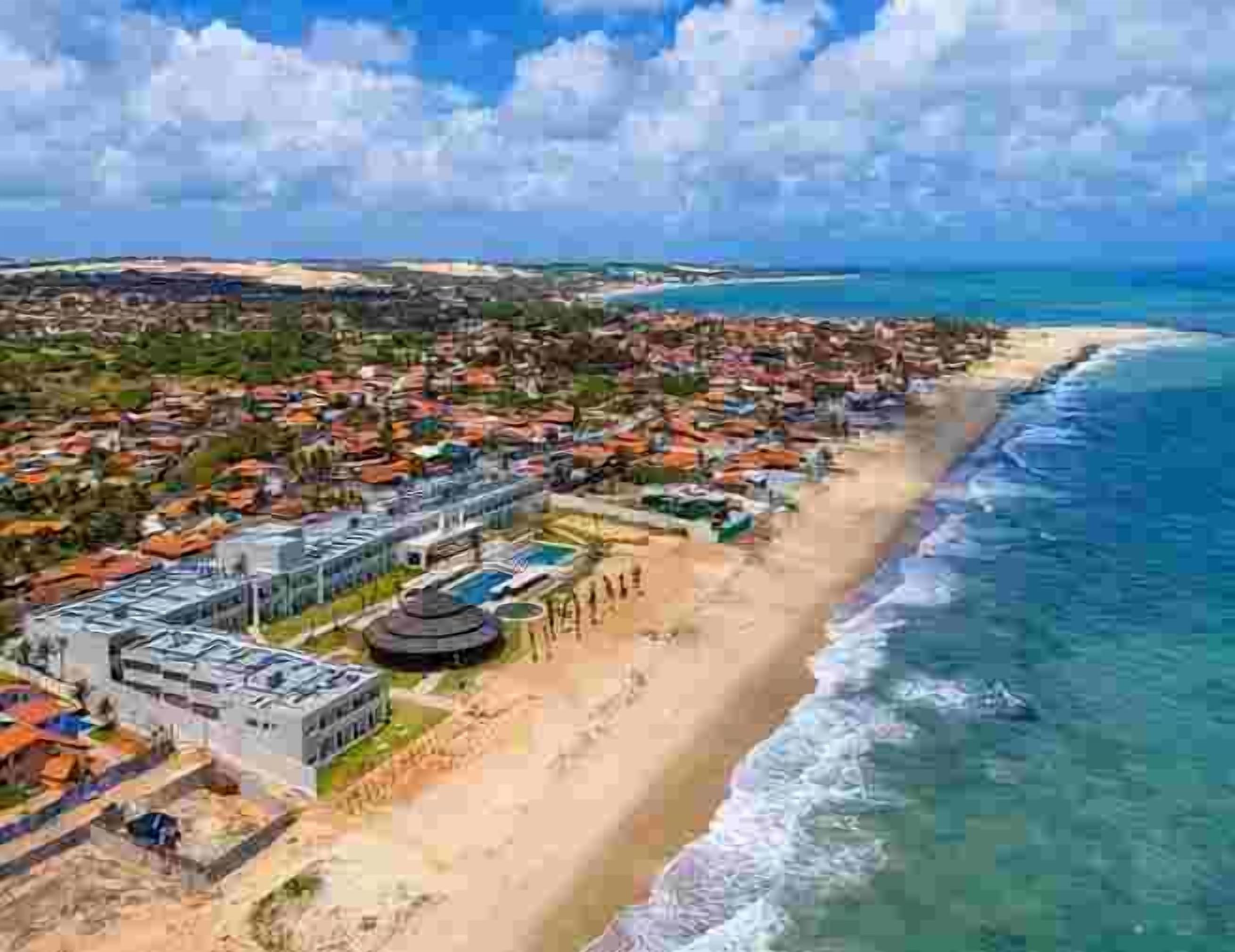 Na praia, areia branca, espreguiçadeiras, guarda-sóis 