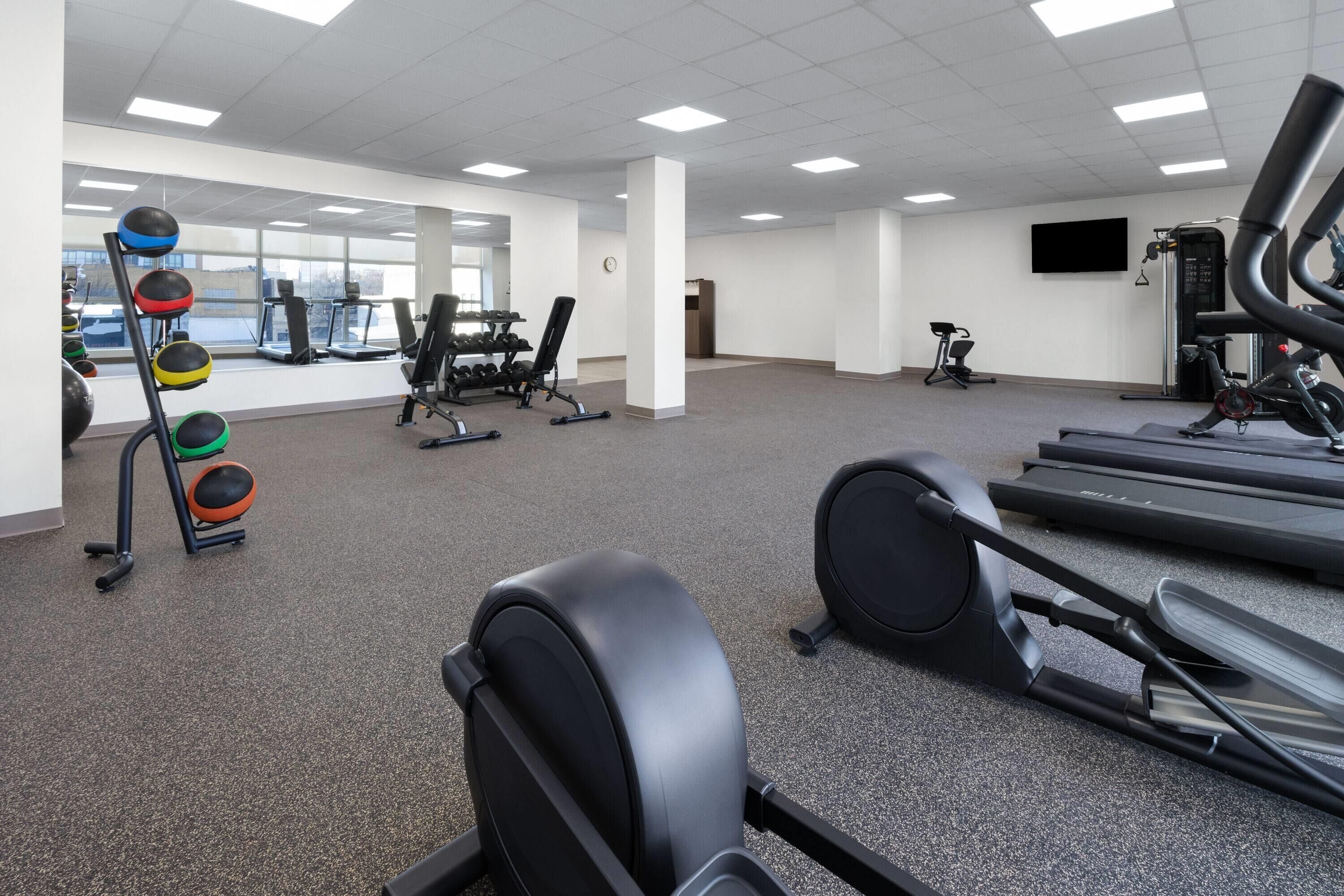 Un gimnasio con cintas de correr, máquinas de pesas y un estante con balones medicinales de colores.