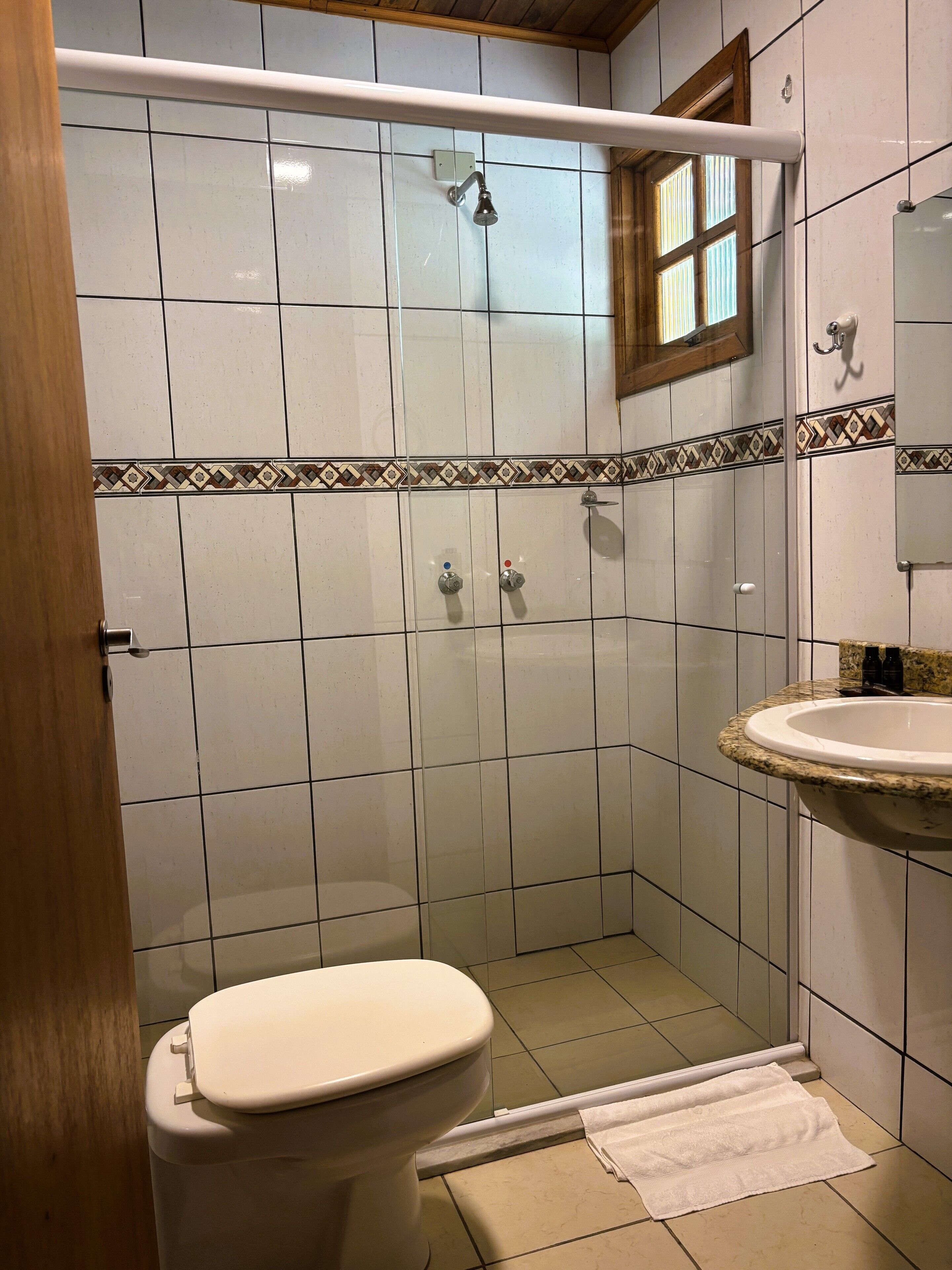 A bathroom with a toilet, shower, and sink.
