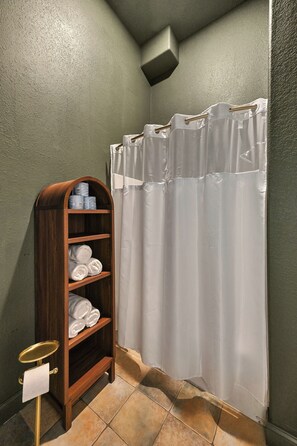 Hair dryer, towels, soap, shampoo