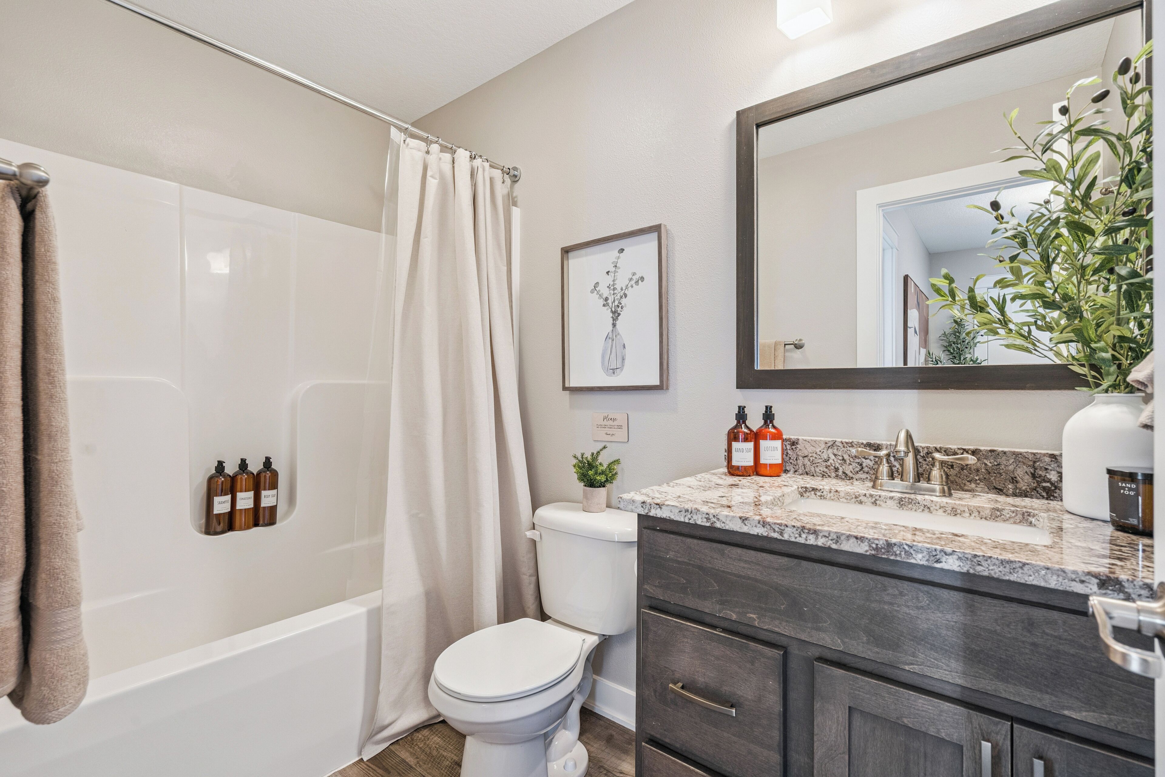 A bathroom with a shower, toilet, and vanity with a mirror.