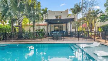 Outdoor pool, pool umbrellas, pool loungers