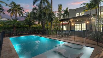 Outdoor pool, pool umbrellas, pool loungers