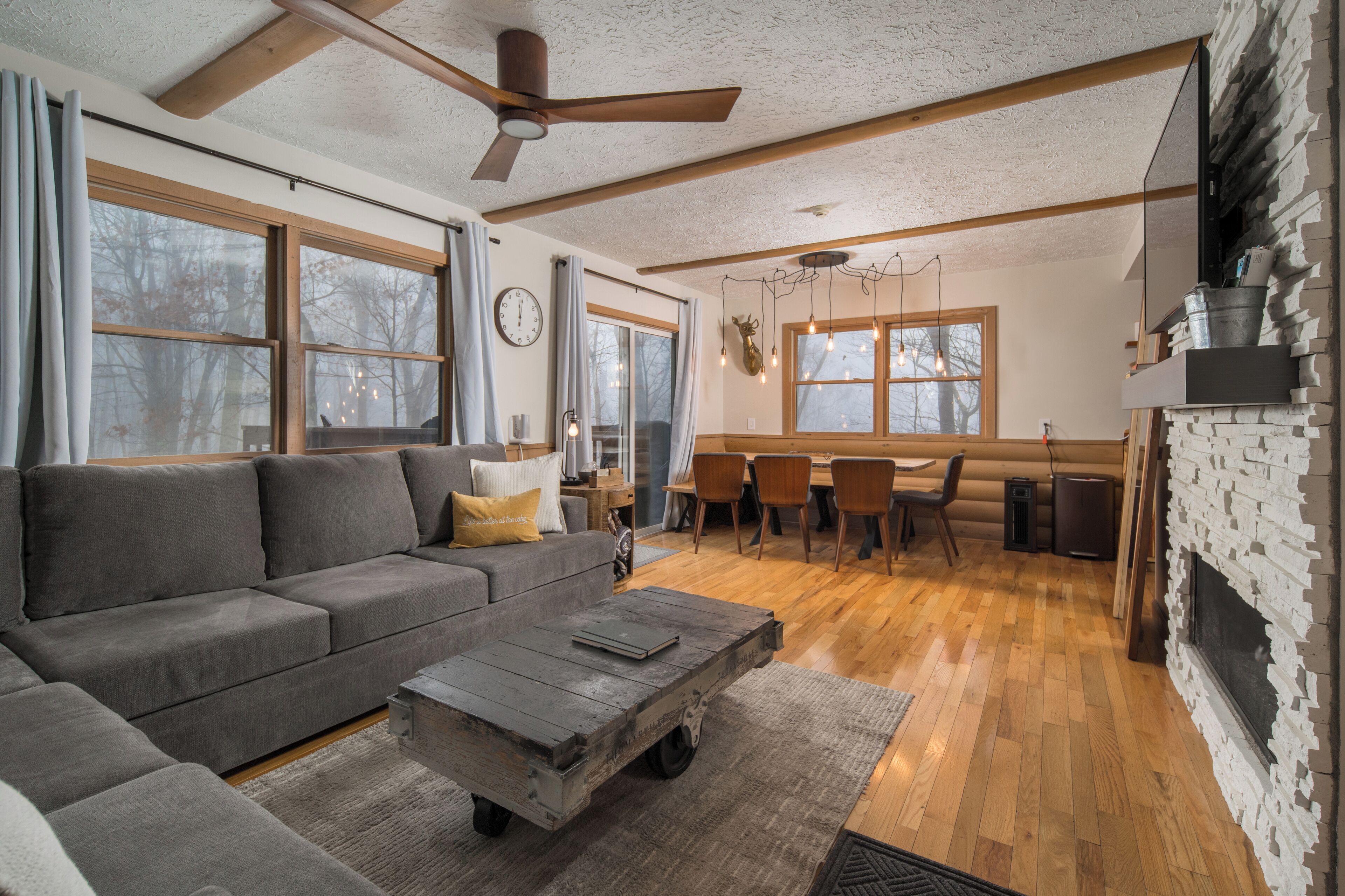 Smart TV, fireplace, books, stereo