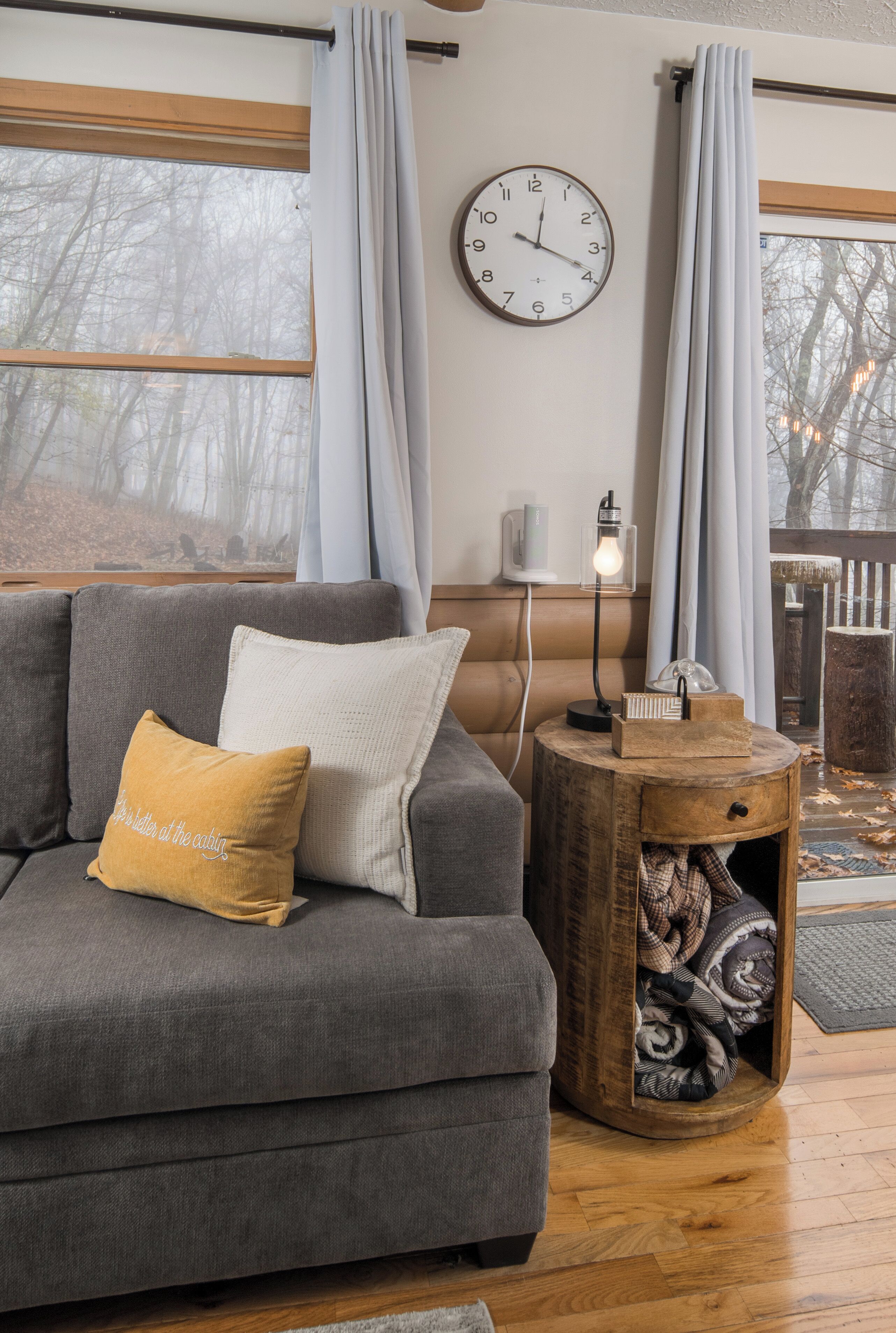 Smart TV, fireplace, books, stereo