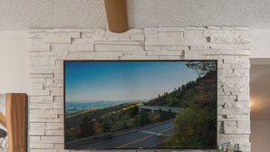 A modern living room with a stone fireplace, a flat-screen TV mounted above it, and a bookshelf with books. - Cozy Boone Cabin, Fireplace, Views, 9 Min to Town (Boone)