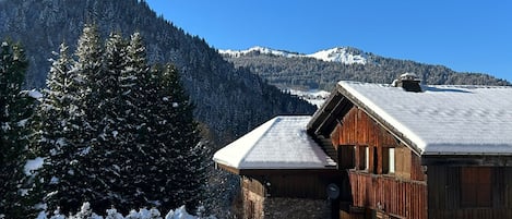Une cabane en bois, construite sur des fondations en pierre, entourée d’arbres couverts de neige, avec une montagne en toile de fond.