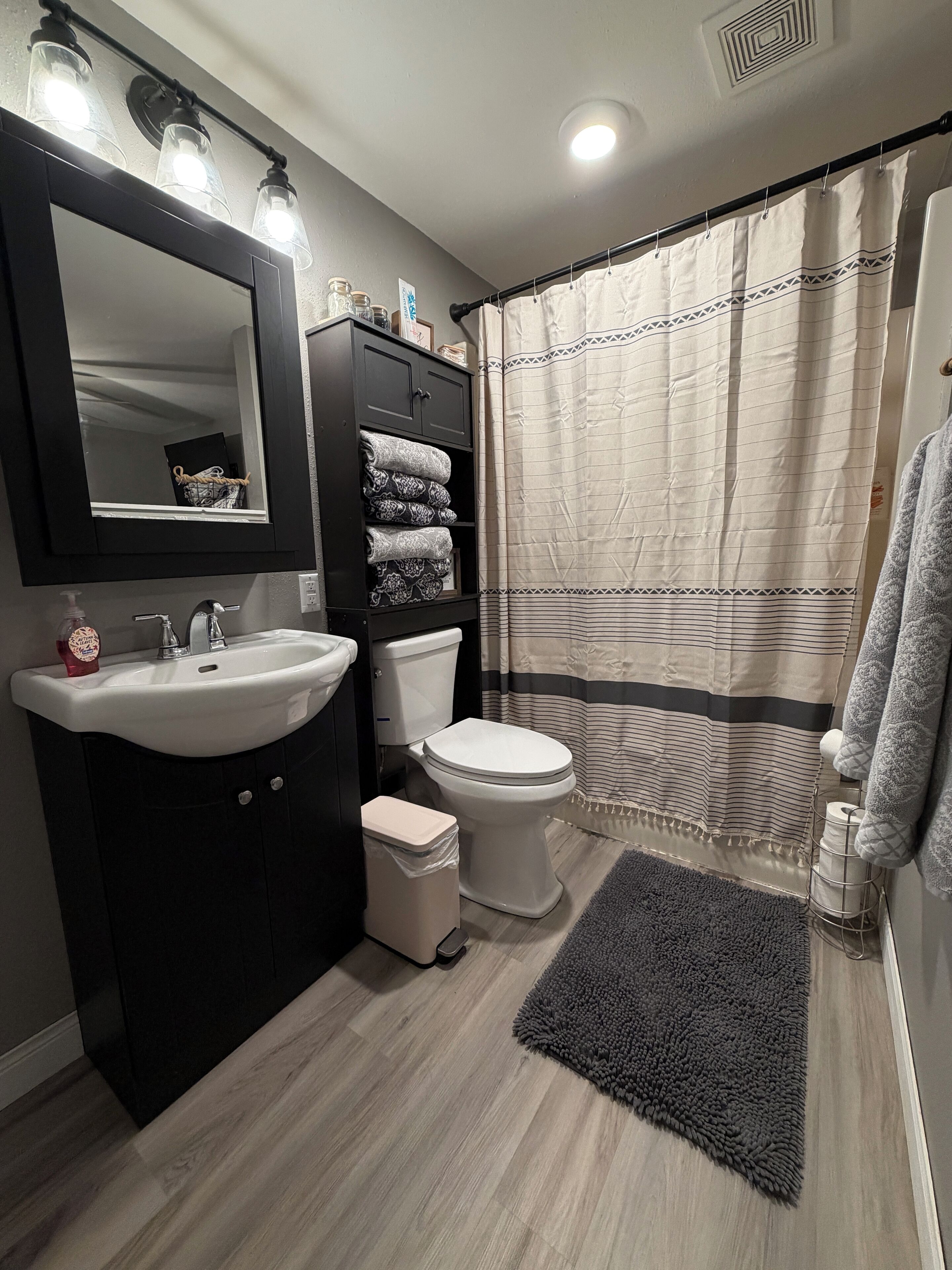 Hair dryer, towels, soap, shampoo