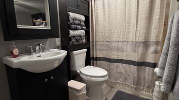 Hair dryer, towels, soap, shampoo