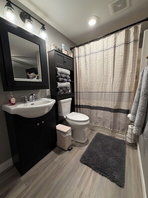 Secador de pelo, toallas, jabón y champú