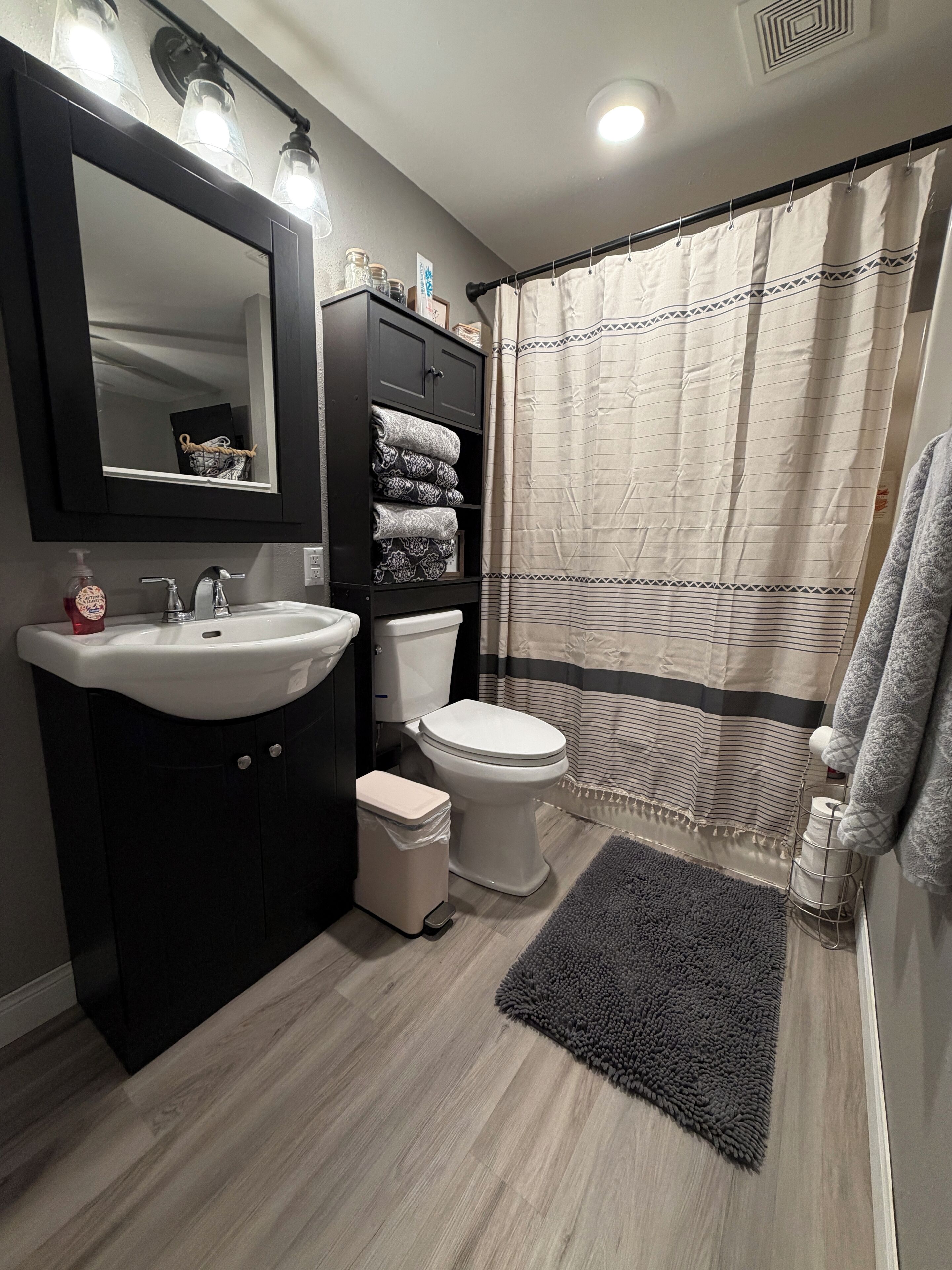 Hair dryer, towels, soap, shampoo