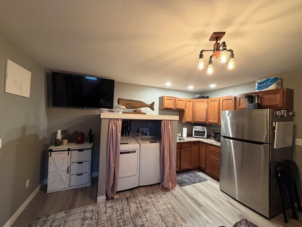 Fridge, microwave, coffee/tea maker, toaster