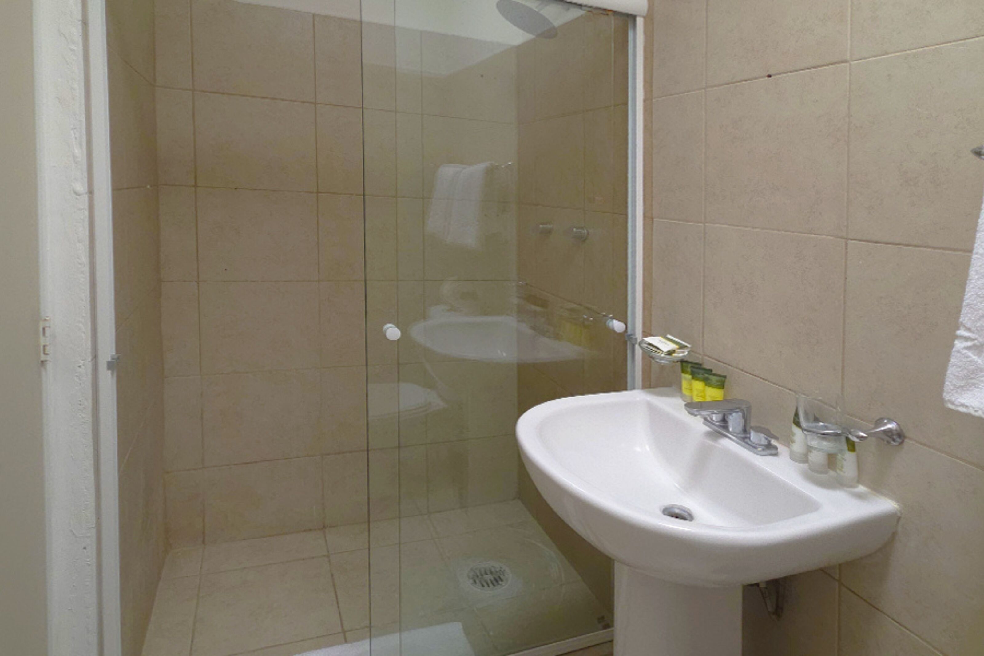 A bathroom with a glass-enclosed shower, a white sink, and toiletries on the wall.