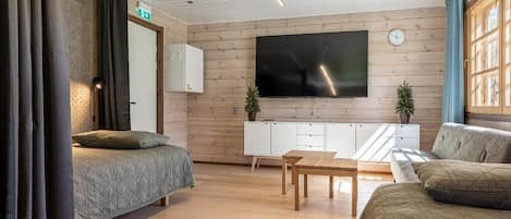 A modern, well-lit room with a bed, a sofa, a TV, and a wooden cabinet.
