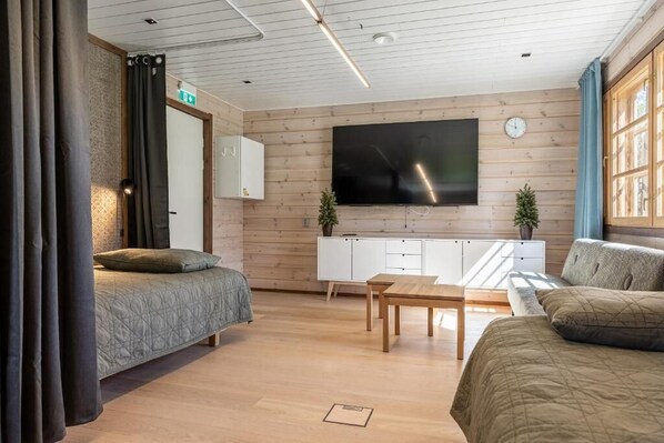 Una habitación moderna y bien iluminada, con cama, sofá, televisor y un mueble de madera.