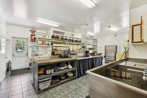 Une cuisine moderne dotée d’appareils électroménagers en acier inoxydable, d’un grand évier et de nombreux espaces de rangement.