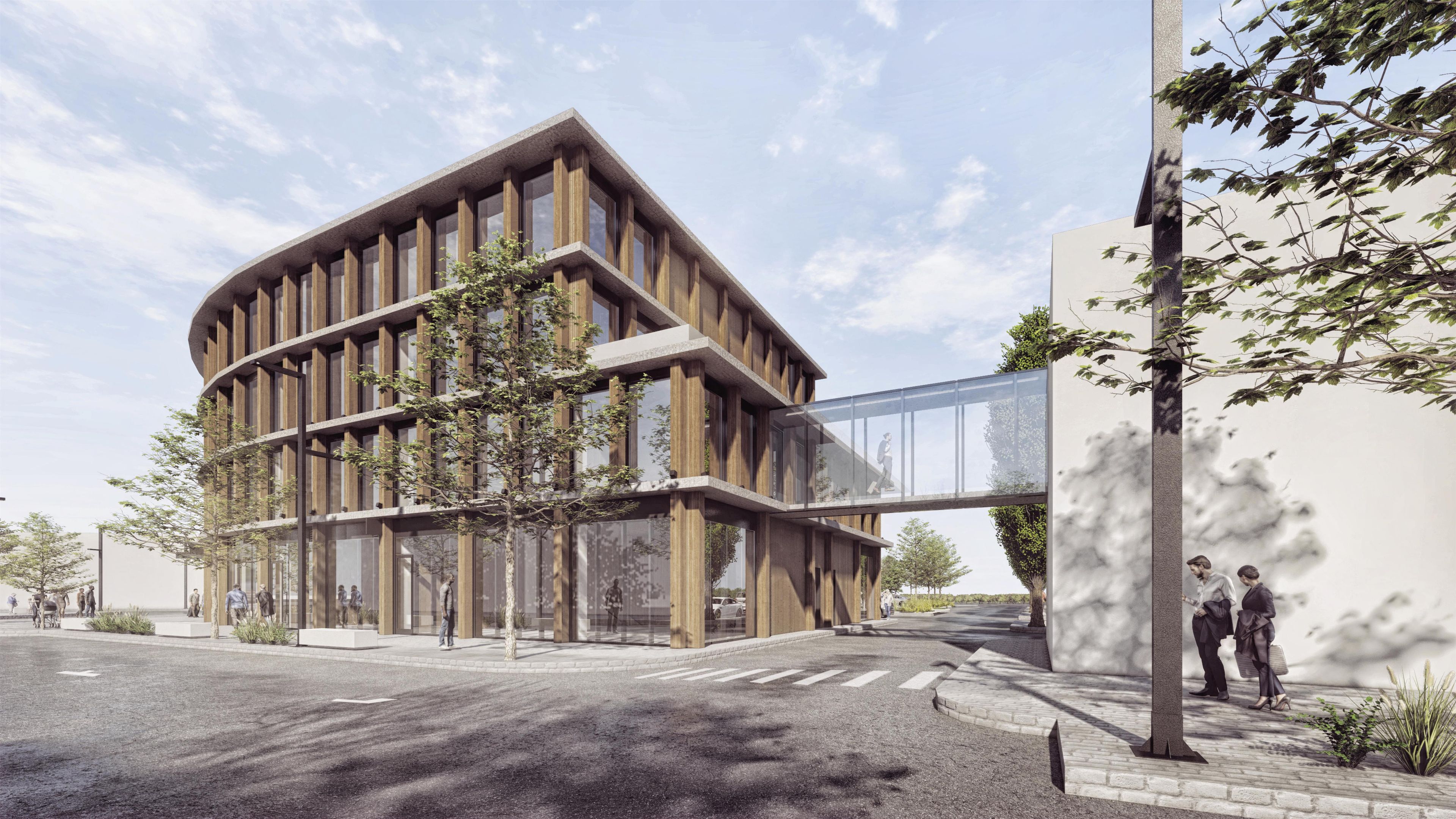 A modern building with a unique wooden facade and large windows.