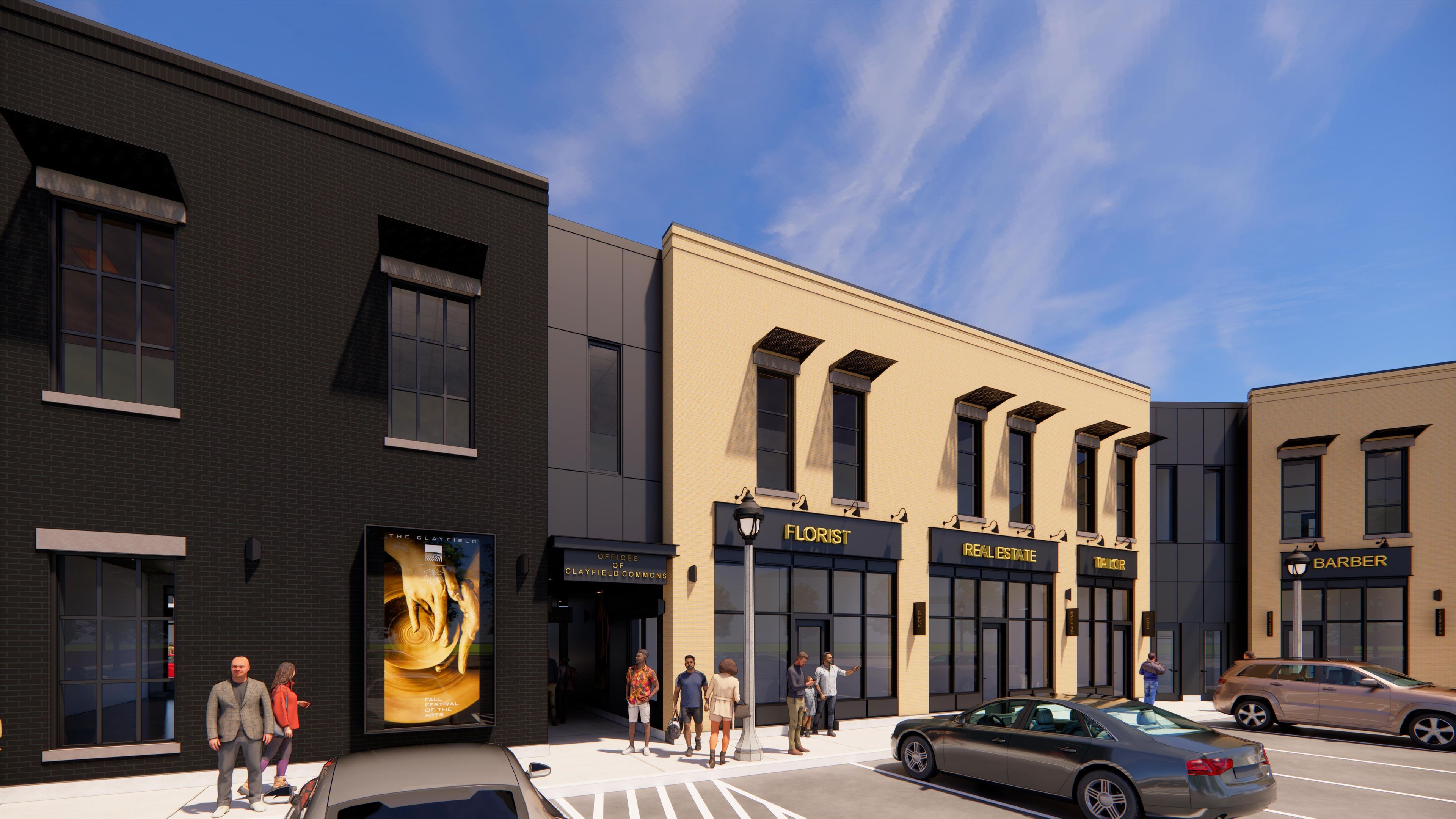 A modern building with a black facade and a beige section labeled "FLORIST," "REAL ESTATE," and "MAILER."