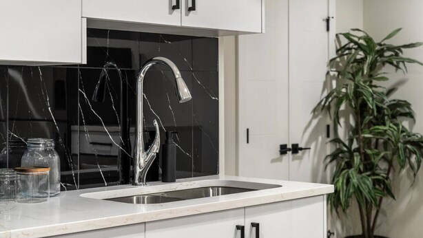 A modern kitchen with a black backsplash, white cabinets, a stainless steel sink, and a potted plant.