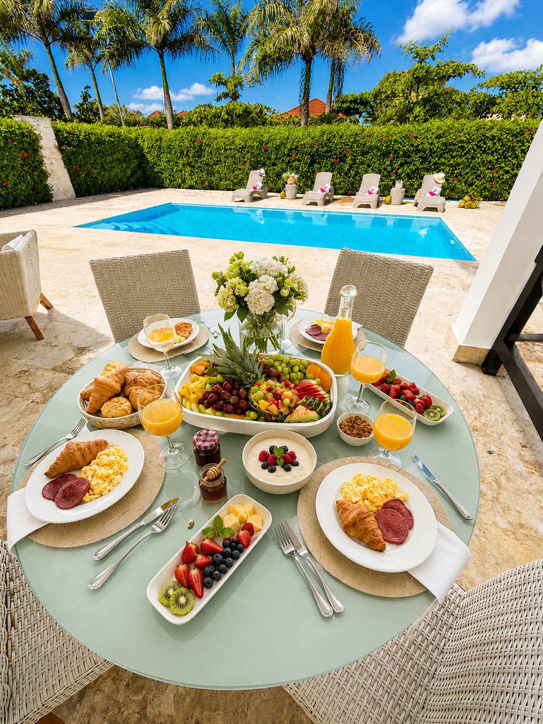 A round table set for breakfast with various dishes and drinks, overlooking a swimming pool and palm trees.