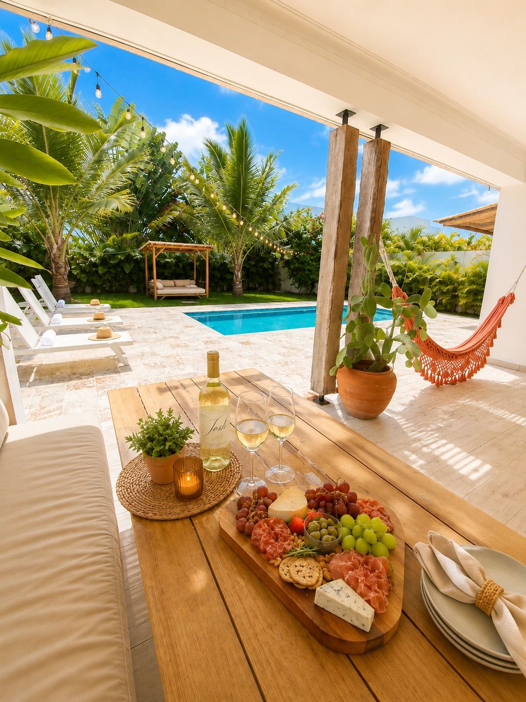Un espace aménagé au bord de la piscine, avec une table en bois dressée pour un repas, un hamac et une piscine dont l’eau se reflète dans un ciel bleu azur.