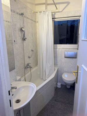 Hair dryer, towels, toilet paper