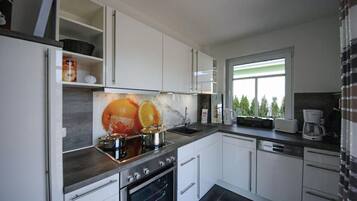 Fridge, stovetop, dishwasher, coffee/tea maker