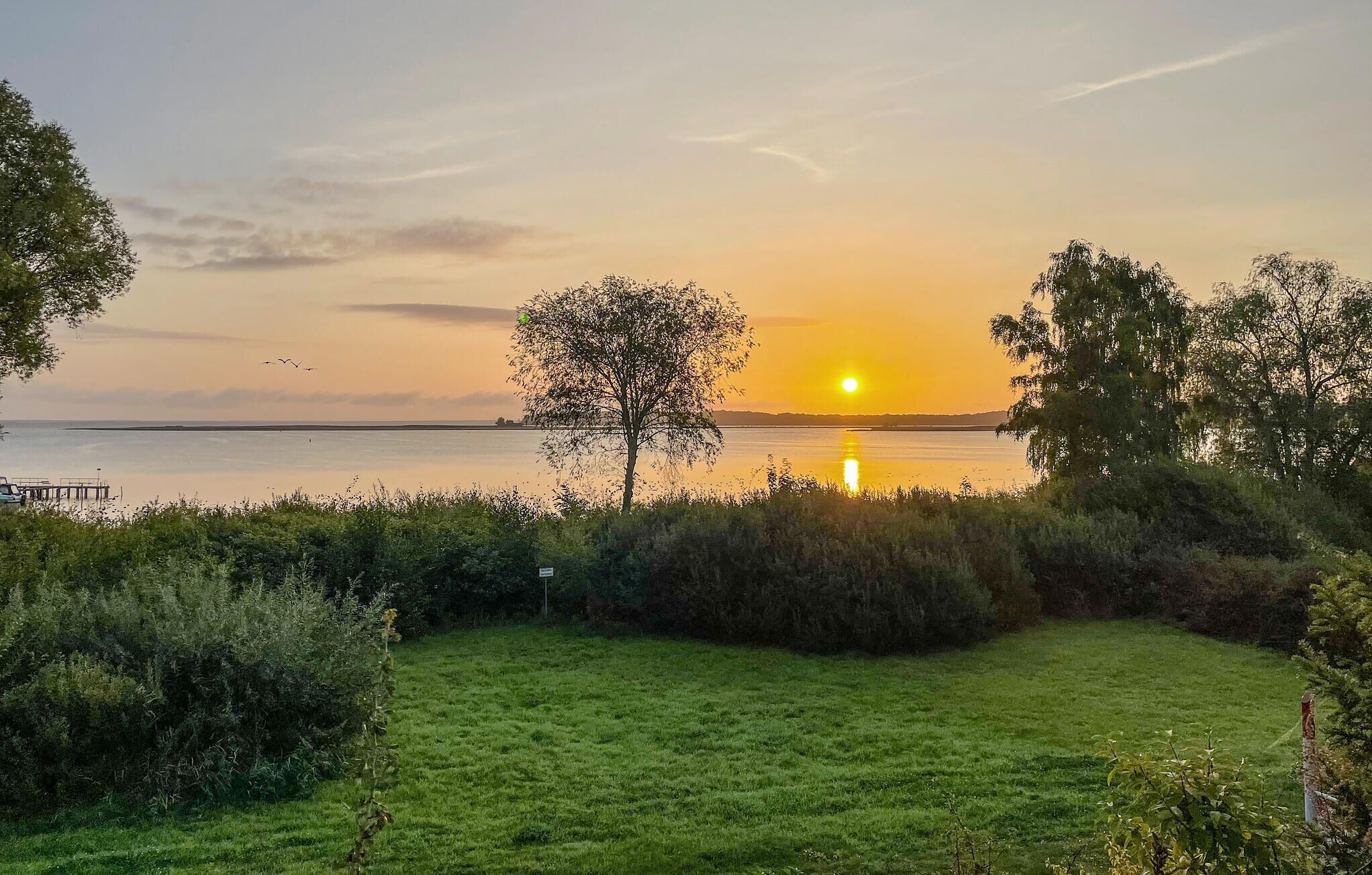 Un champ verdoyant avec une étendue d’eau et un coucher de soleil en arrière-plan.