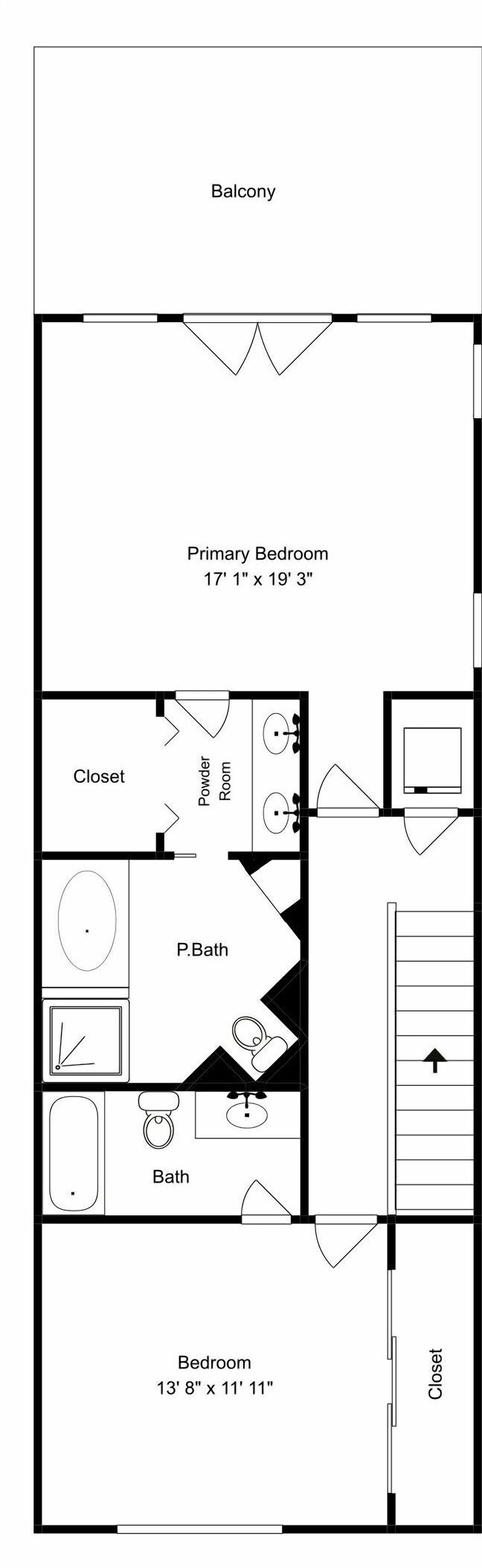 Plano de una habitación de hotel con balcón, dormitorio principal, armario, aseo, baño privado y baño.