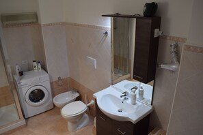 Une petite salle de bain équipée d’un lave-linge, de toilettes et d’un lavabo.