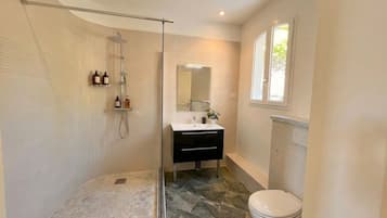 Shower, hair dryer, towels, soap