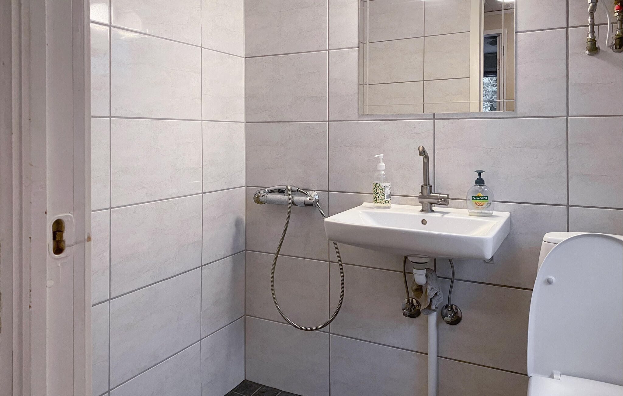 A bathroom with a white sink, a handheld showerhead, and a toilet.