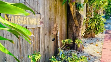 A wooden fence with a sign that reads 'MARGARITAVILLE,' a tree with green leaves, and a gravel pathway.