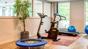 Un gimnasio en casa con una cinta de correr, pelotas de ejercicio, un trampolín y una planta en maceta.